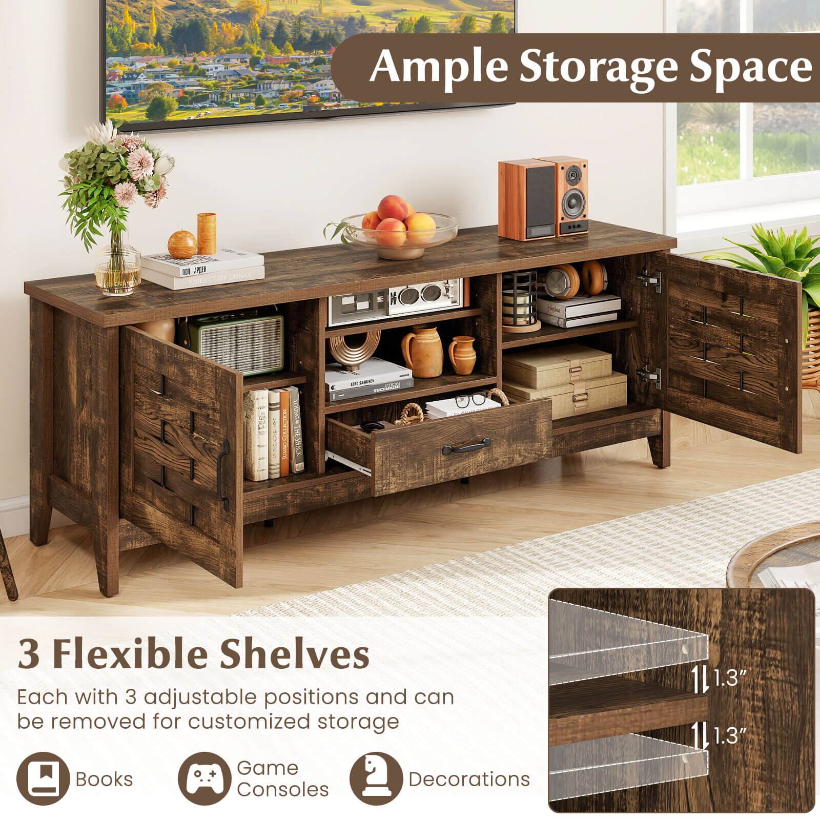 Ample Storage Space

3 Flexible Shelves
Each with 3 adjustable positions and can be removed for customized storage

Books
Game Consoles
Decorations

11.3"