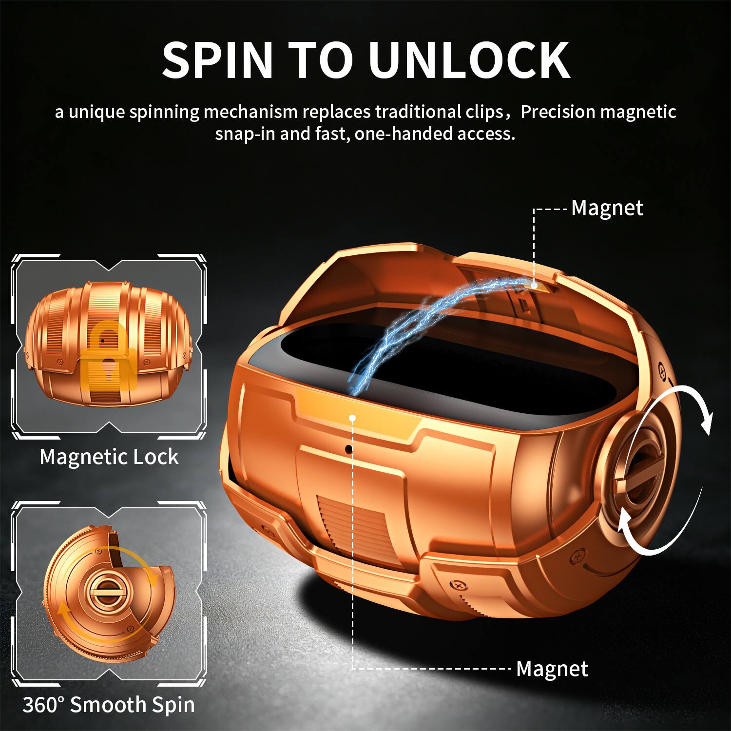 SPIN TO UNLOCK

a unique spinning mechanism replaces traditional clips, Precision magnetic snap-in and fast, one-handed access.

Magnetic Lock

360° Smooth Spin

Magnet