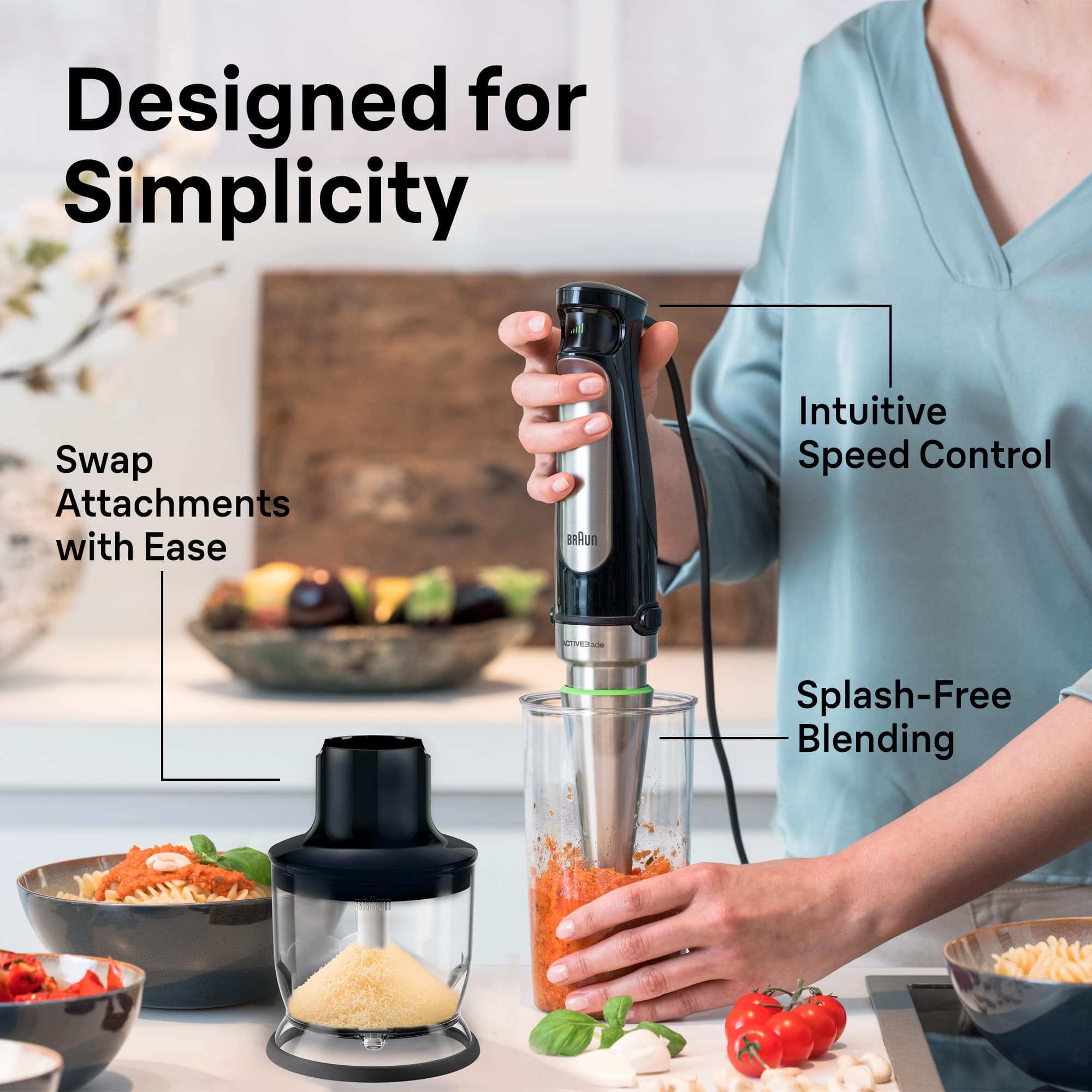 Designed for Simplicity, Swap Attachments with Ease, Intuitive Speed Control, Splash-Free Blending