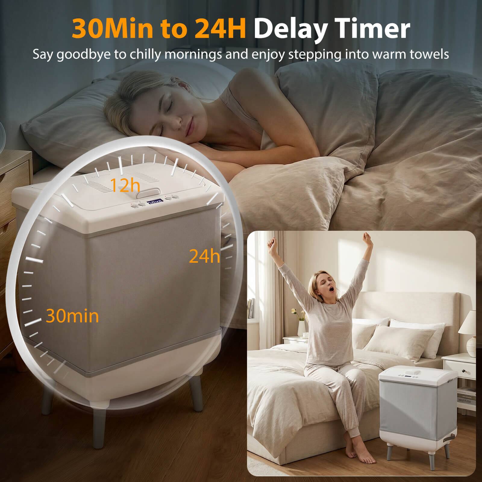 30Min to 24H Delay Timer  
Say goodbye to chilly mornings and enjoy stepping into warm towels  

12h  
24h  
30min
