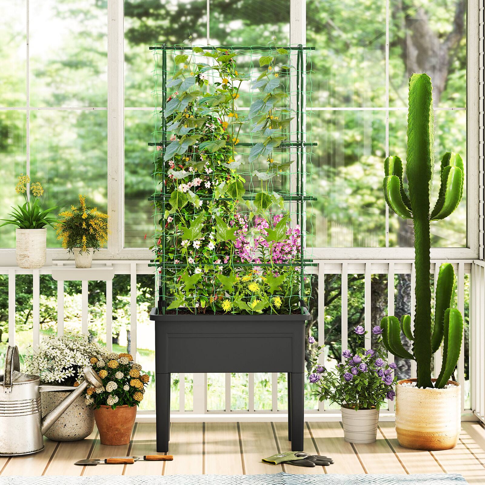 Alt View 4. Gymax - Gymax Raised Garden Bed w/ Trellis for Climbing Plants Self-Watering Planter Box w/ Water Level Gauge Removable Legs - Green.