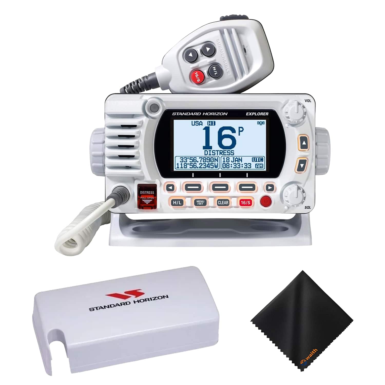 Standard Horizon - GX1800GW Compact Fixed Mount VHF with GPS - Dust Cover & Cleaning Cloth Kit - White