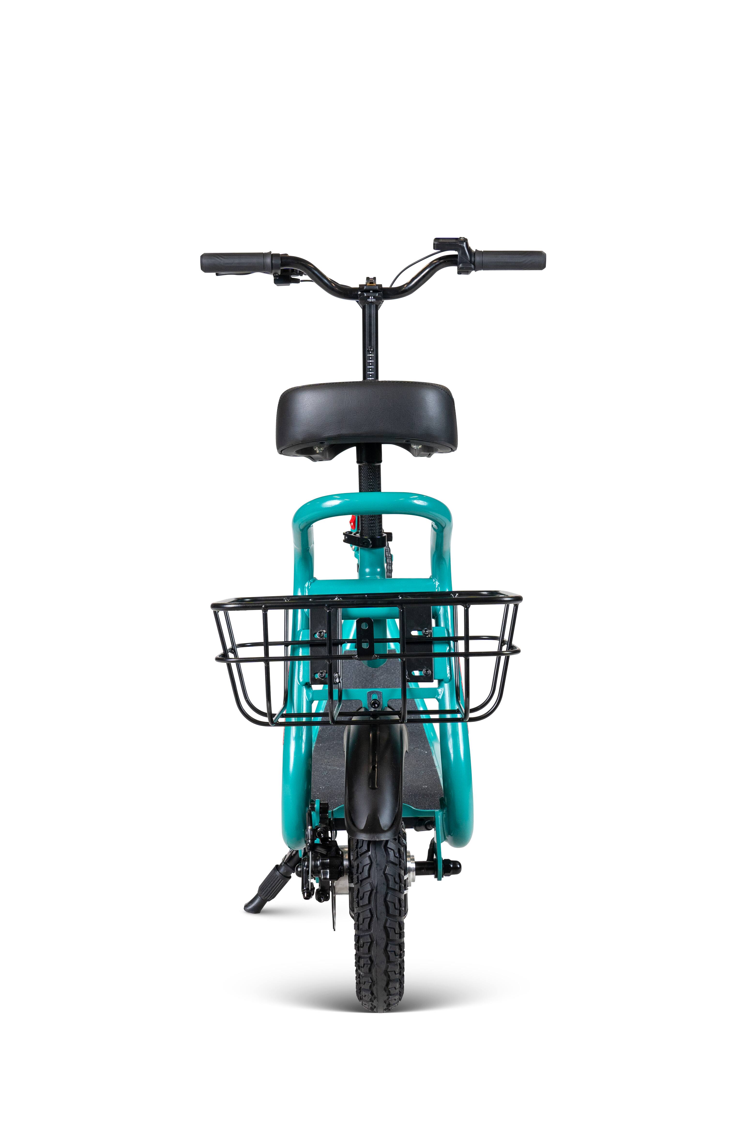 Back. Madd Gear - Electric Scooter with Seat & Basket for Adults & Teens – Long Range 18 Miles, 450W Motor, Foldable – Madd Gear Pendolare - TEAL.