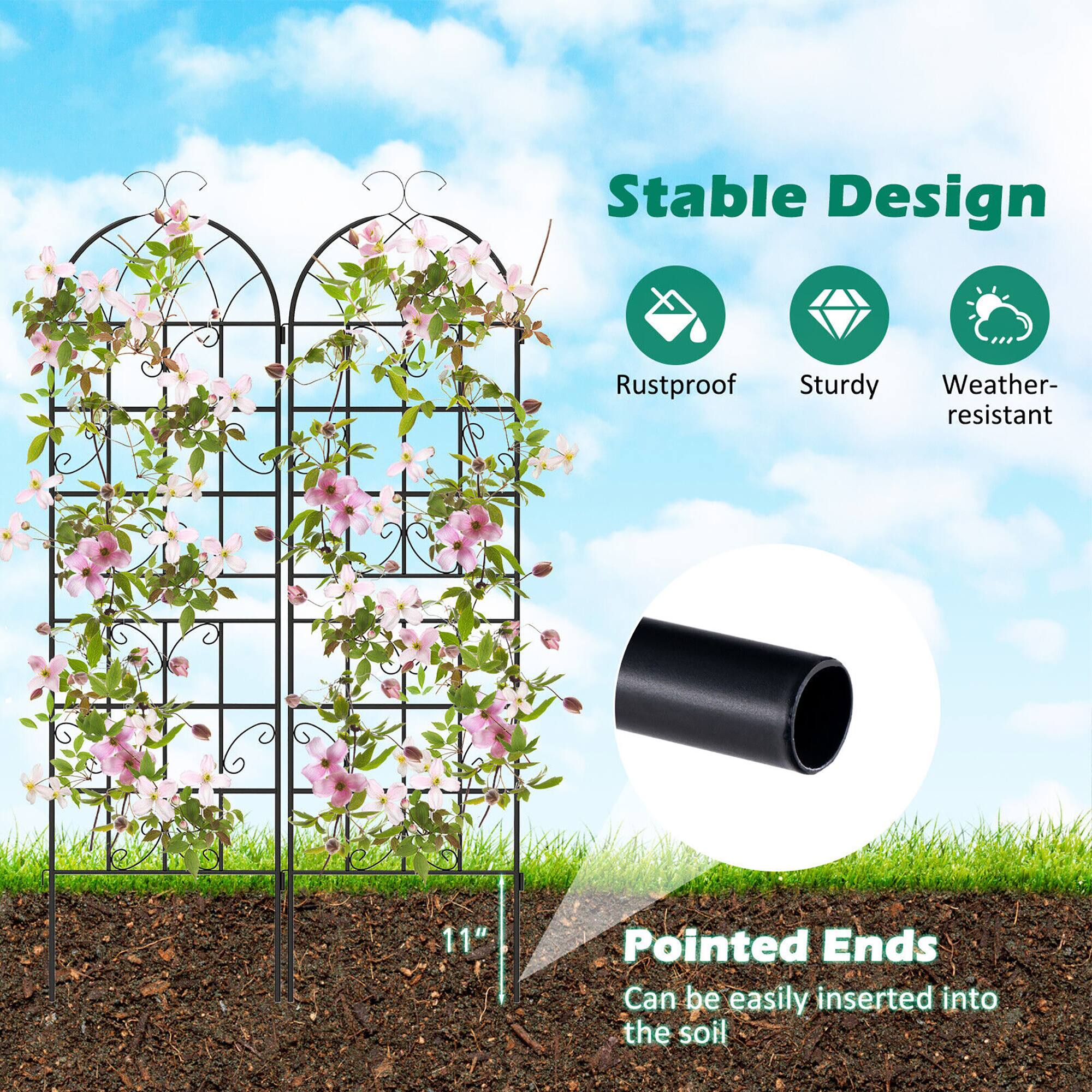 Stable Design  
Rustproof  
Sturdy  
Weather-resistant  

11" Pointed Ends  
Can be easily inserted into the soil