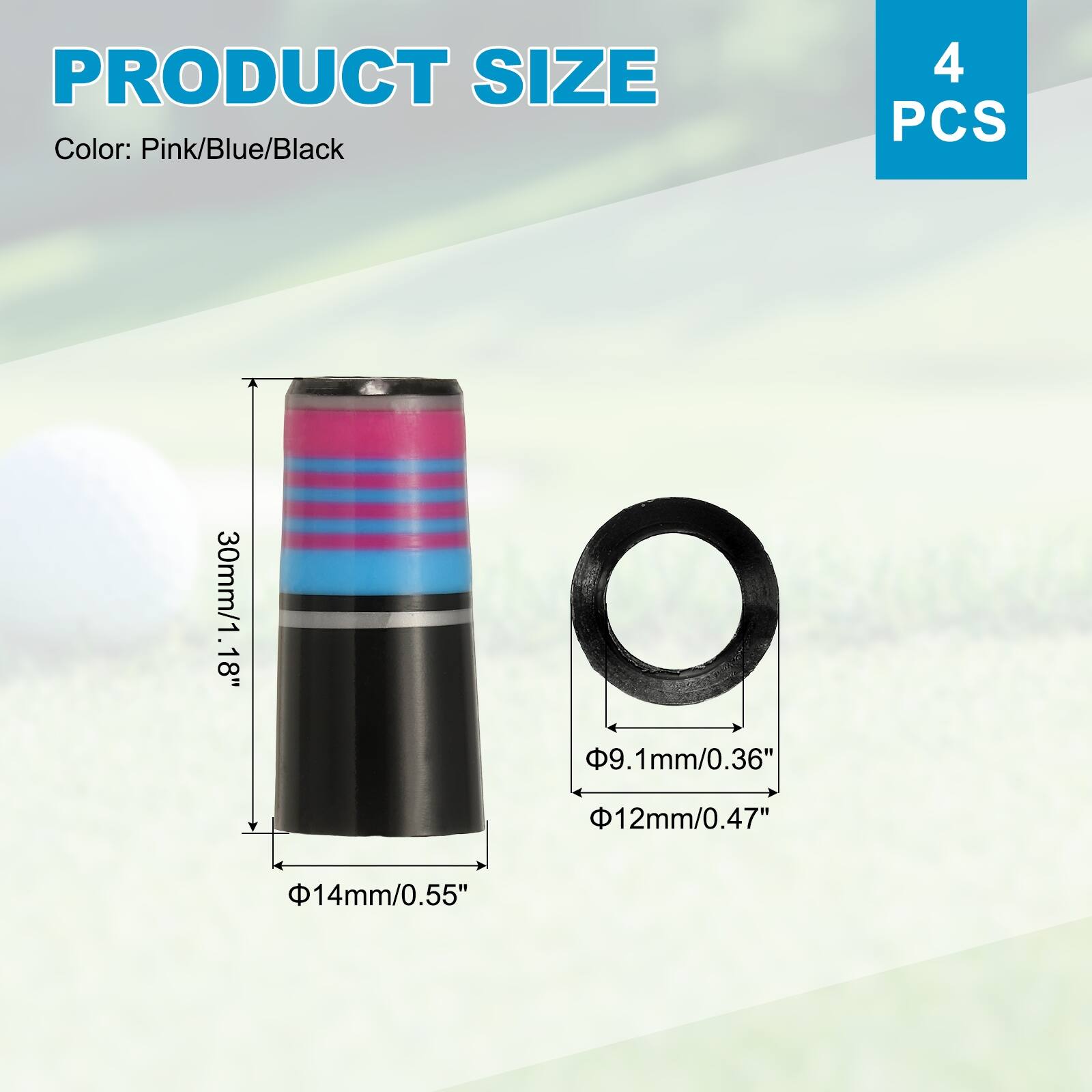 PRODUCT SIZE  
Color: Pink/Blue/Black  
4 PCS  
30mm/1.18"  
9.1mm/0.36"  
12mm/0.47"  
14mm/0.55"