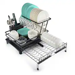 Sugift - 2-Tier Collapsible Expandable Dish Rack with Rust-Resistant Stainless Steel Frame - Black