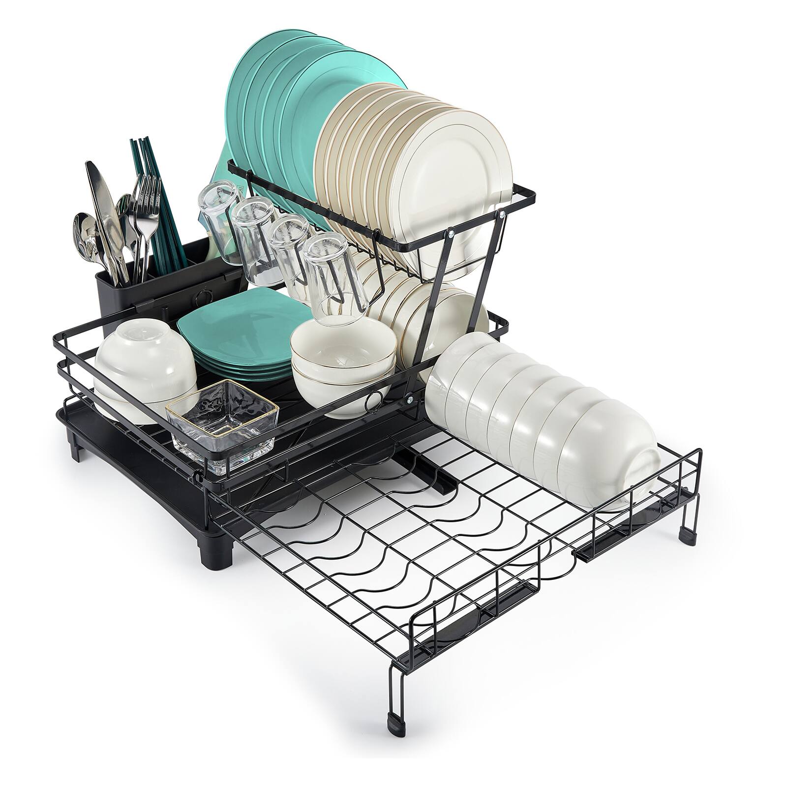 Front. Sugift - 2-Tier Collapsible Expandable Dish Rack with Rust-Resistant Stainless Steel Frame - Black.
