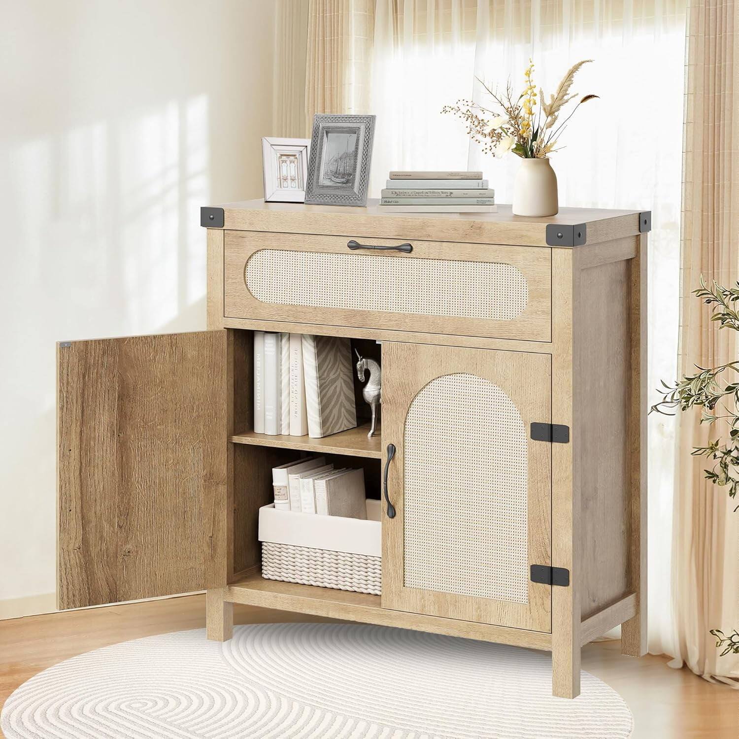 Front. Homhougo - Natural Rattan Sideboard Buffet Cabinet, Modern Console for Living Room with Stylish Rattan Doors - Wood Color.