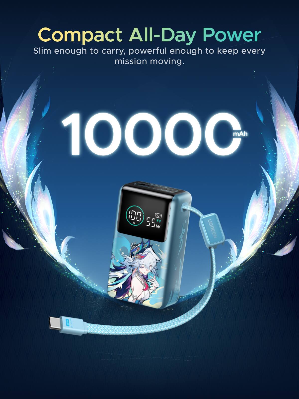 Compact All-Day Power  
Slim enough to carry, powerful enough to keep every mission moving.  

10000 mAh  

UGREEN  
55W  

OUT 100% 55W  
INTROUTE