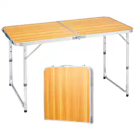 Winado - 4FT Portable Folding Table with Carrying Handle, Adjustable Height Lightweight for Indoor Outdoor Picnic Camping Party - Wooden