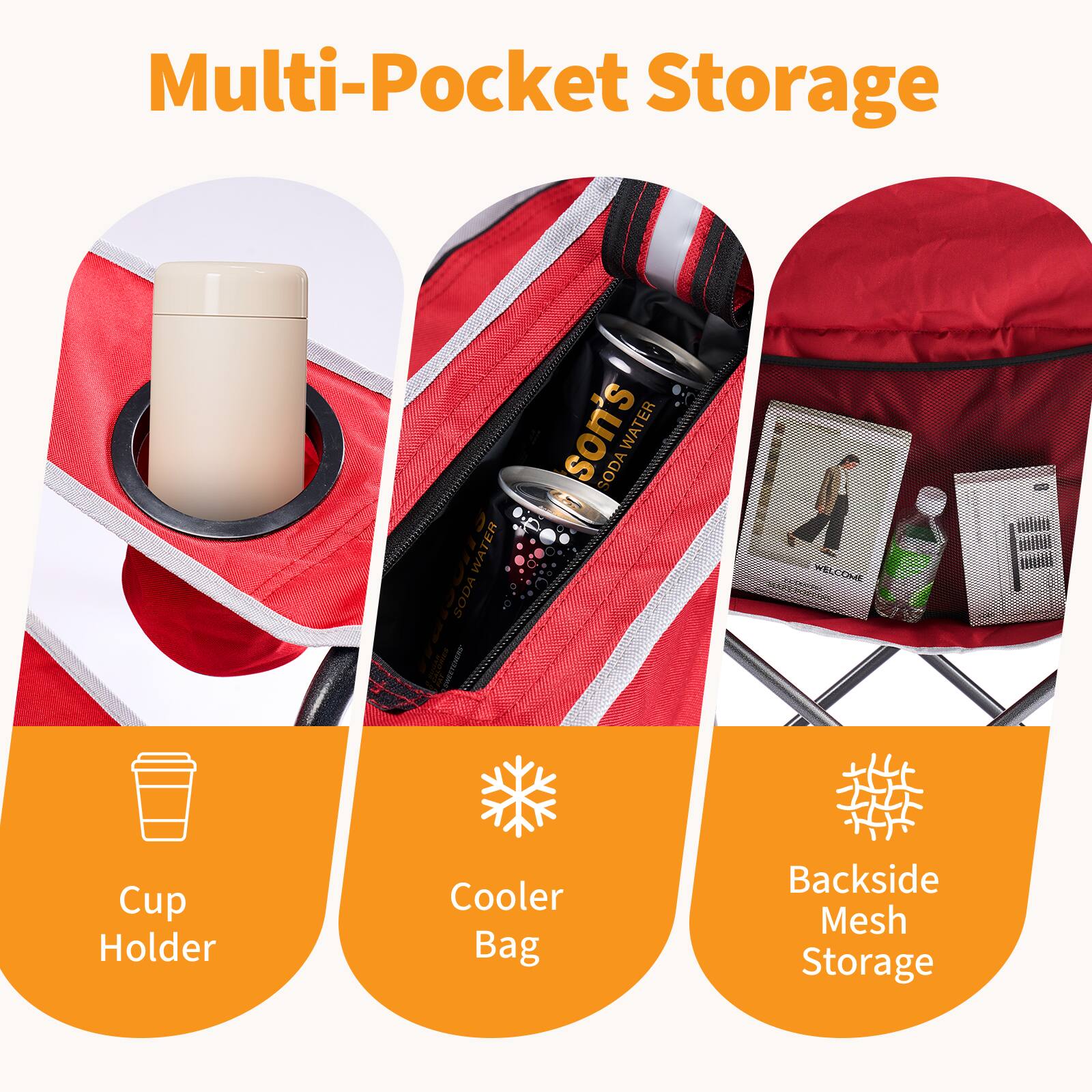 Multi-Pocket Storage

- Cup Holder
- Cooler Bag
- Backside Mesh Storage
