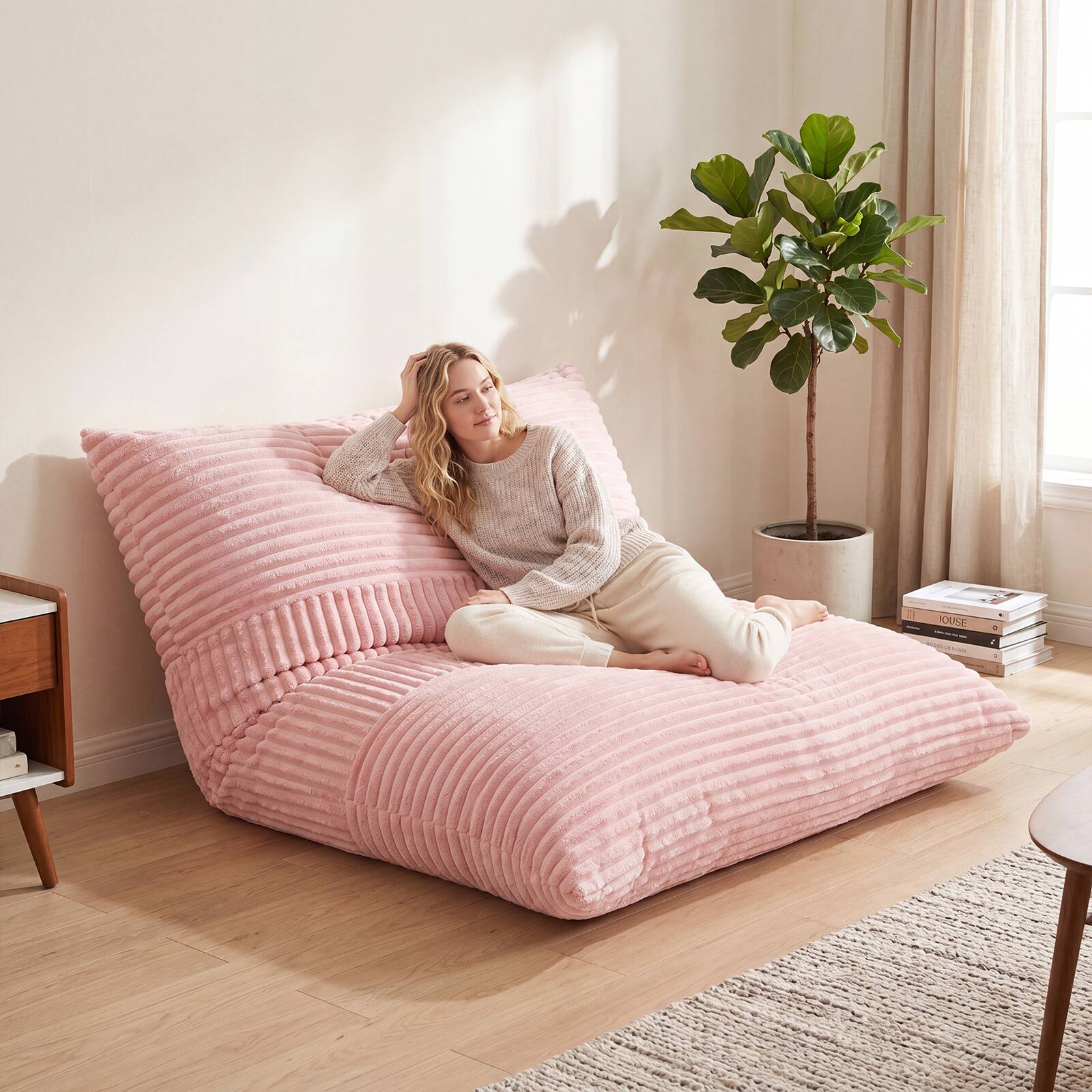 Alt View 3. Costway - Costway 3-in-1 Bean Bag Chair with Soft Crushed Sponge Comfy Corduroy Fabric Zippered Cover - Pink.