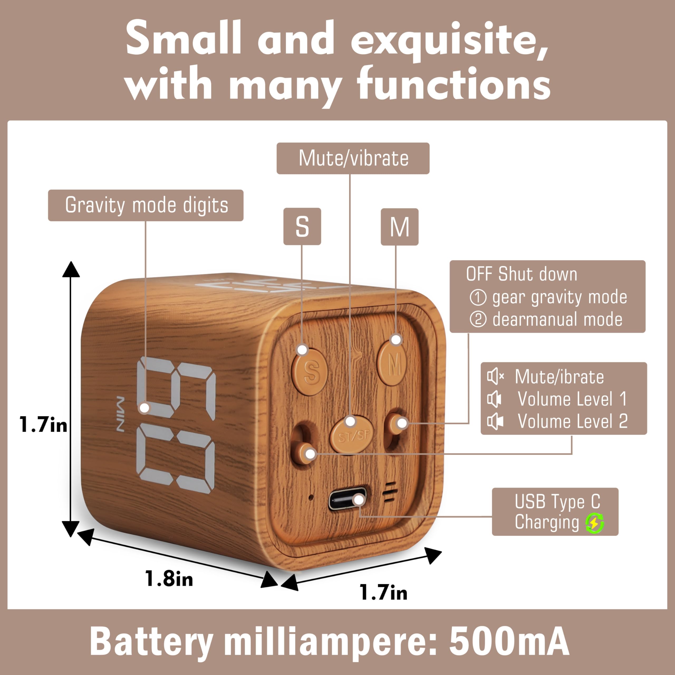 Small and exquisite, with many functions

- Mute/vibrate
- Gravity mode digits
- S
- M
- OFF Shut down
  1. gear gravity mode
  2. dearmanual mode
- Mute/vibrate
- Volume Level 1
- Volume Level 2
- USB Type C Charging

Battery milliampere: 500mA

Dimensions:
- 1.7in
- 1.8in
- 1.7in