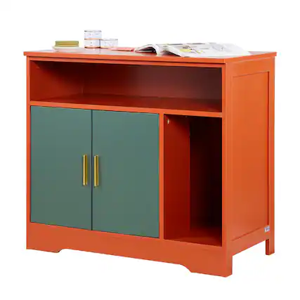 Front. VEVOR - Cat Litter Box Enclosure, 31 in Hidden Litter Box Cabinet with Shelf & Storage, Modern Style Indoor Cat Washroom - Pomegranate Red + Vintage Green + Gold Handle.