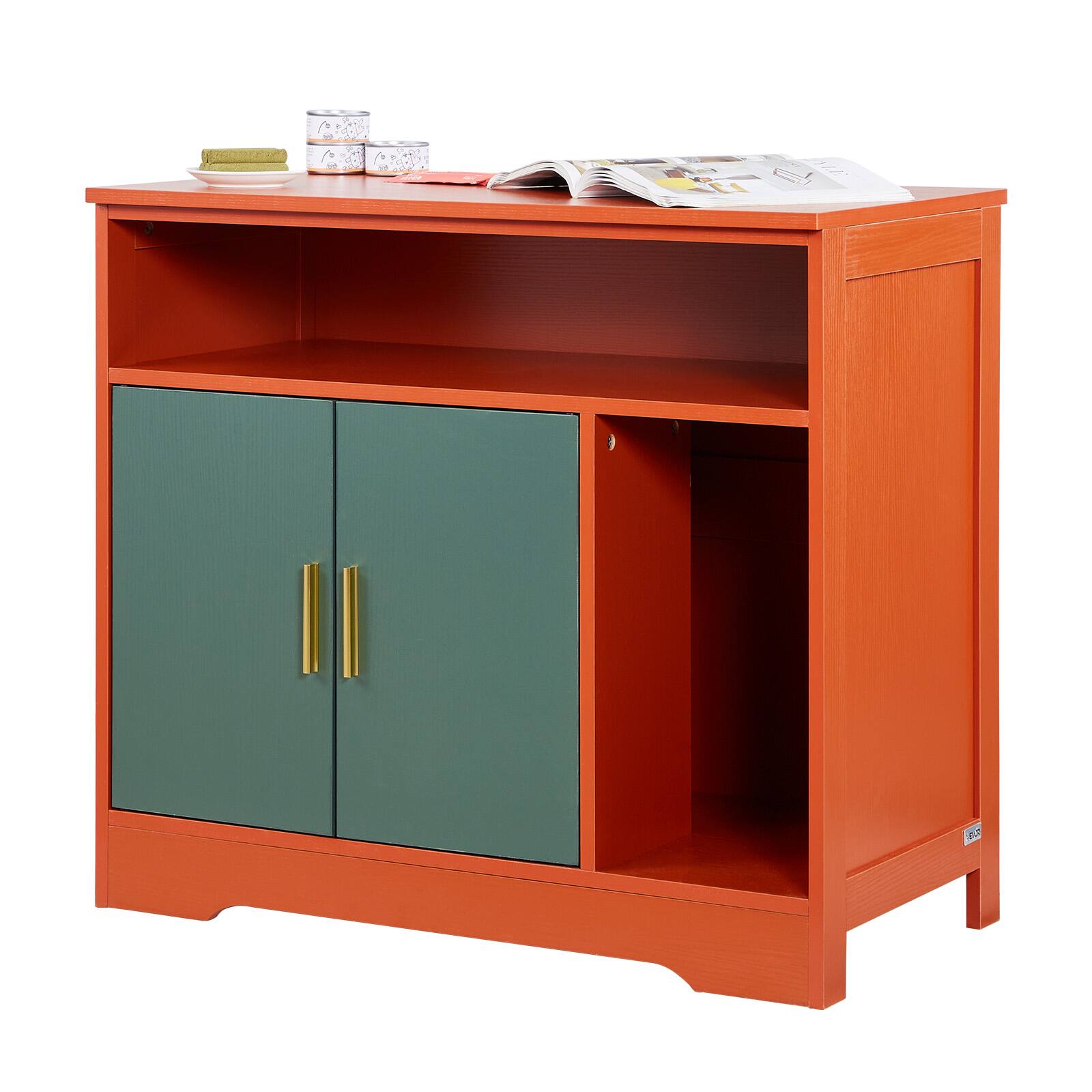 Front. VEVOR - Cat Litter Box Enclosure, 31 in Hidden Litter Box Cabinet with Shelf & Storage, Modern Style Indoor Cat Washroom - Pomegranate Red + Vintage Green + Gold Handle.