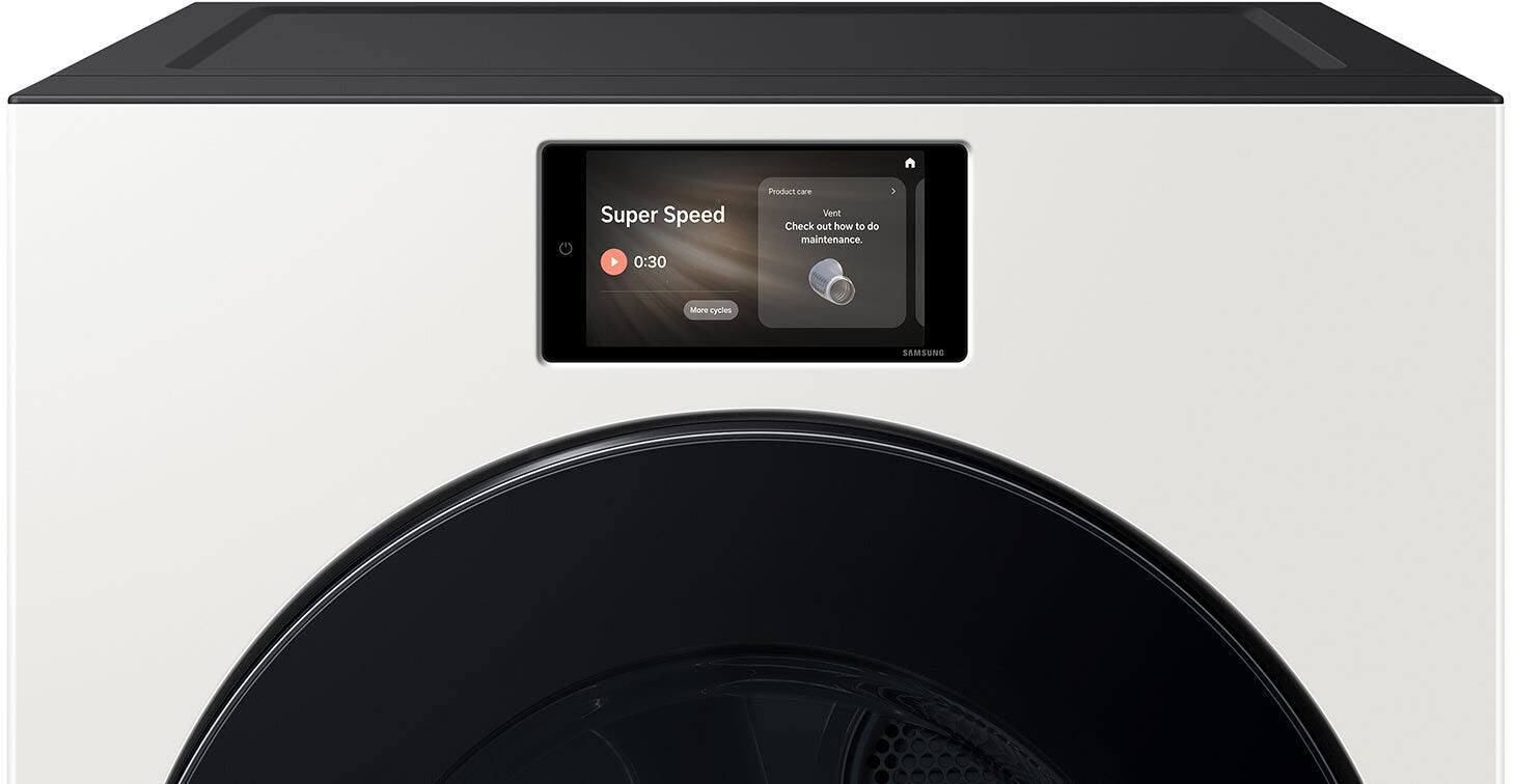 The image features a Samsung product with a screen displaying the time and a message about the product's speed and maintenance. The message reads, "Super Speed Product care Vent Check out how to do maintenance. 0:30 More cycles." The screen is placed on the front of the product, making it easily visible to users.