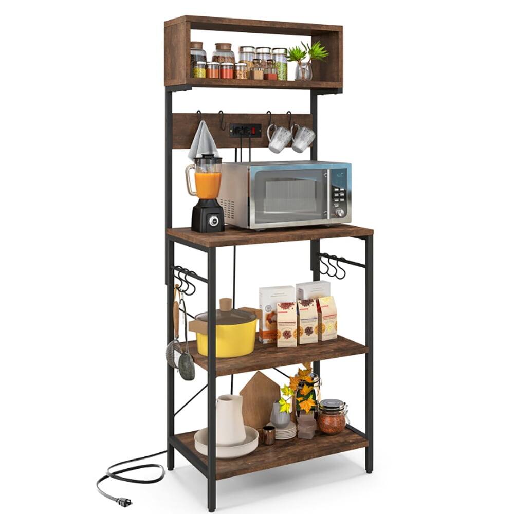 Left. Kadyn - 60 Inch Tall Microwave Stand with Open Shelves and 10 Hanging Hooks-Rustic Brown, Storage Rack Microwave Oven Stand - Red.