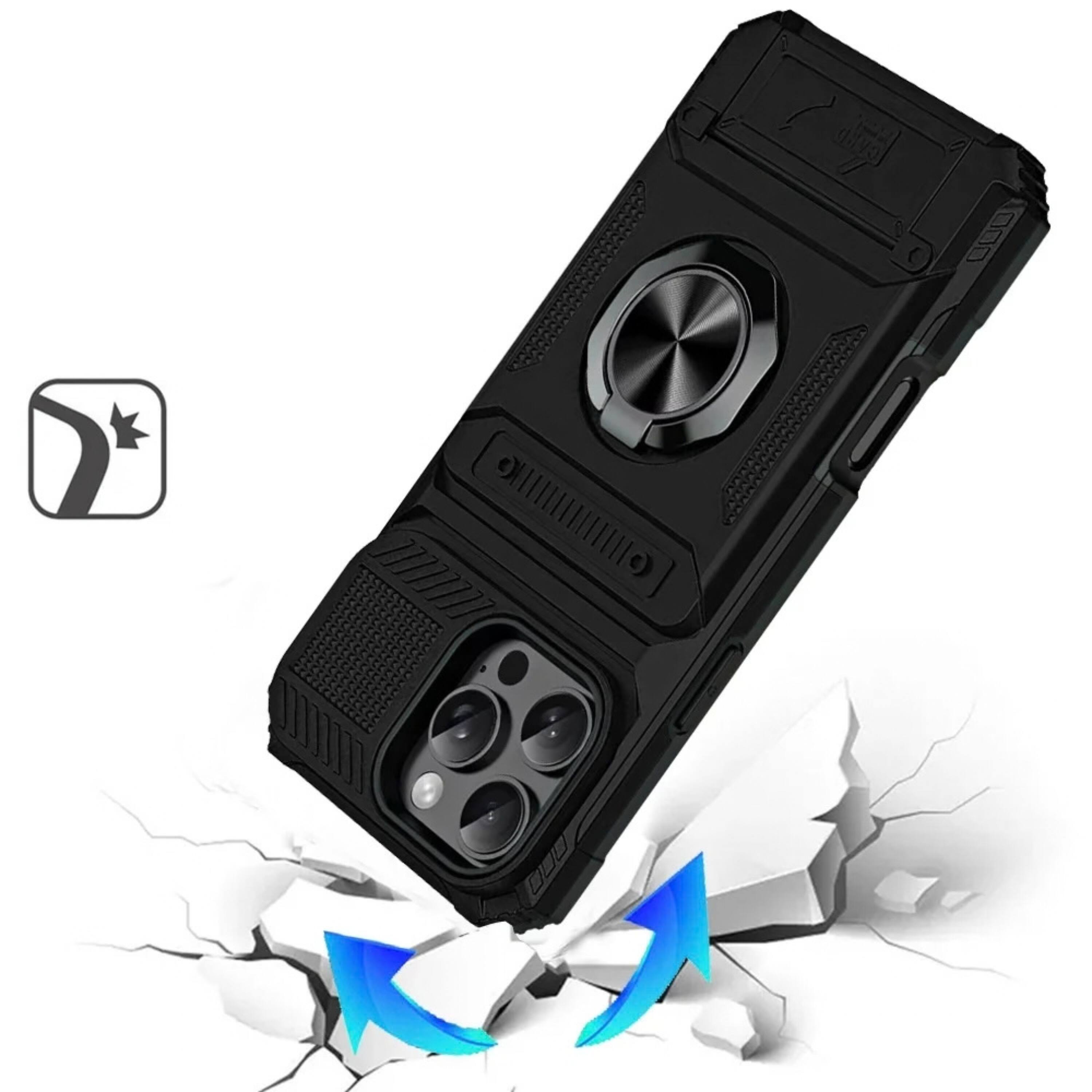 Angle. Kitcheniva - Rugged 2 Card Holder Metal Ring Stand Phone Case With Tempered Glass For iPhone 16 Pro Max Blue - Blue.