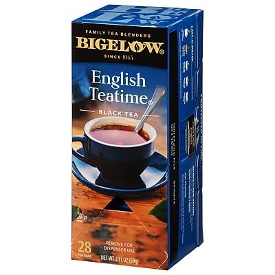 FAMILY TEA BLENDERS  
BIGELOW  
SINCE 1945  

English Teatime  
BLACK TEA  

28 TEA BAGS  
REMOVE FOR DISPENSER USE  

NET WT 2.11 OZ (59g)