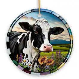 OrnamentallyYou - Stained Glass Bucolic Farm Cow Scene in the Pasture Ornament - Multi-colored