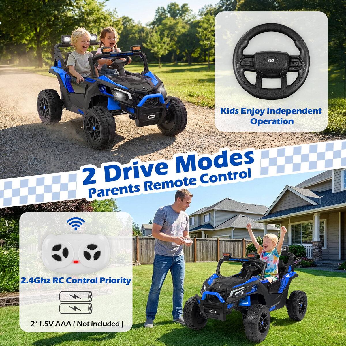 RD Kids Enjoy Independent Operation  
2 Drive Modes  
Parents Remote Control  
2.4Ghz RC Control Priority  
2*1.5V AAA (Not included)
