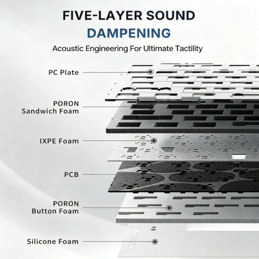 FIVE-LAYER SOUND DAMPENING  
Acoustic Engineering For Ultimate Tactility

- PC Plate
- PORON Sandwich Foam
- IXPE Foam
- PCB
- PORON Button Foam
- Silicone Foam