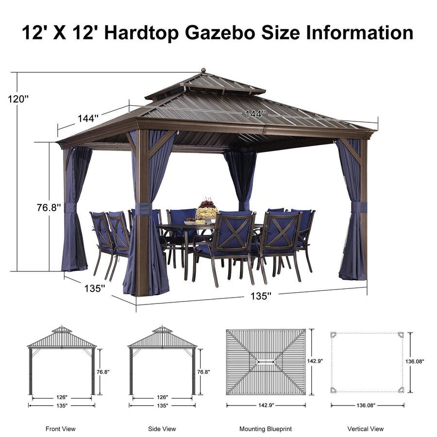 12' X 12' Hardtop Gazebo Size Information

- Front View: 120" x 144"
- Side View: 135" x 135"
- Mounting Blueprint: 142.9" x 142.9"
- Vertical View: 136.08"

Dimensions:
- Height: 76.8"
- Width: 135"
- Depth: 135"
- Base: 126" x 135"
- Roof: 144" x 144"