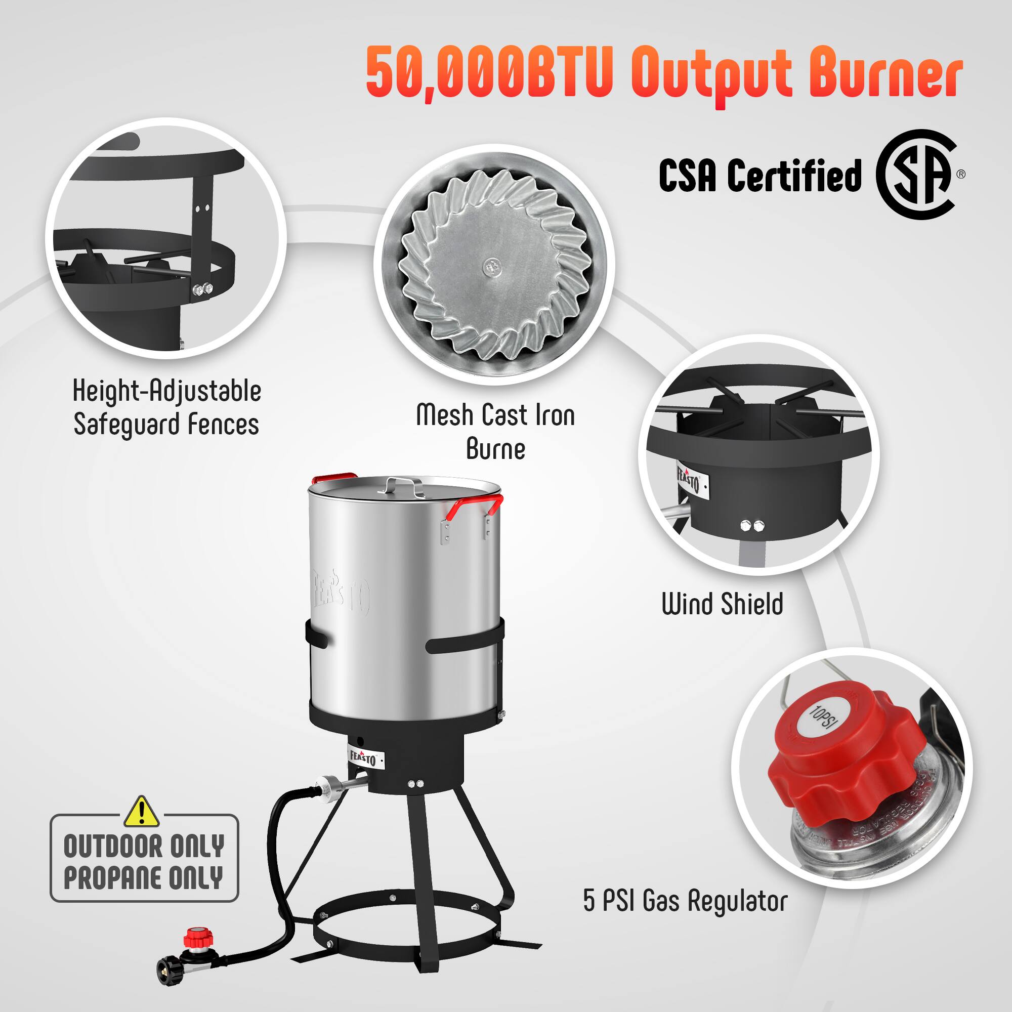 50,000 BTU Output Burner  
CSA Certified  
Height-Adjustable Safeguard Fences  
Mesh Cast Iron Burner  
Wind Shield  
LAVIO 10 PSI Gas Regulator  
OUTDOOR ONLY PROPANE ONLY