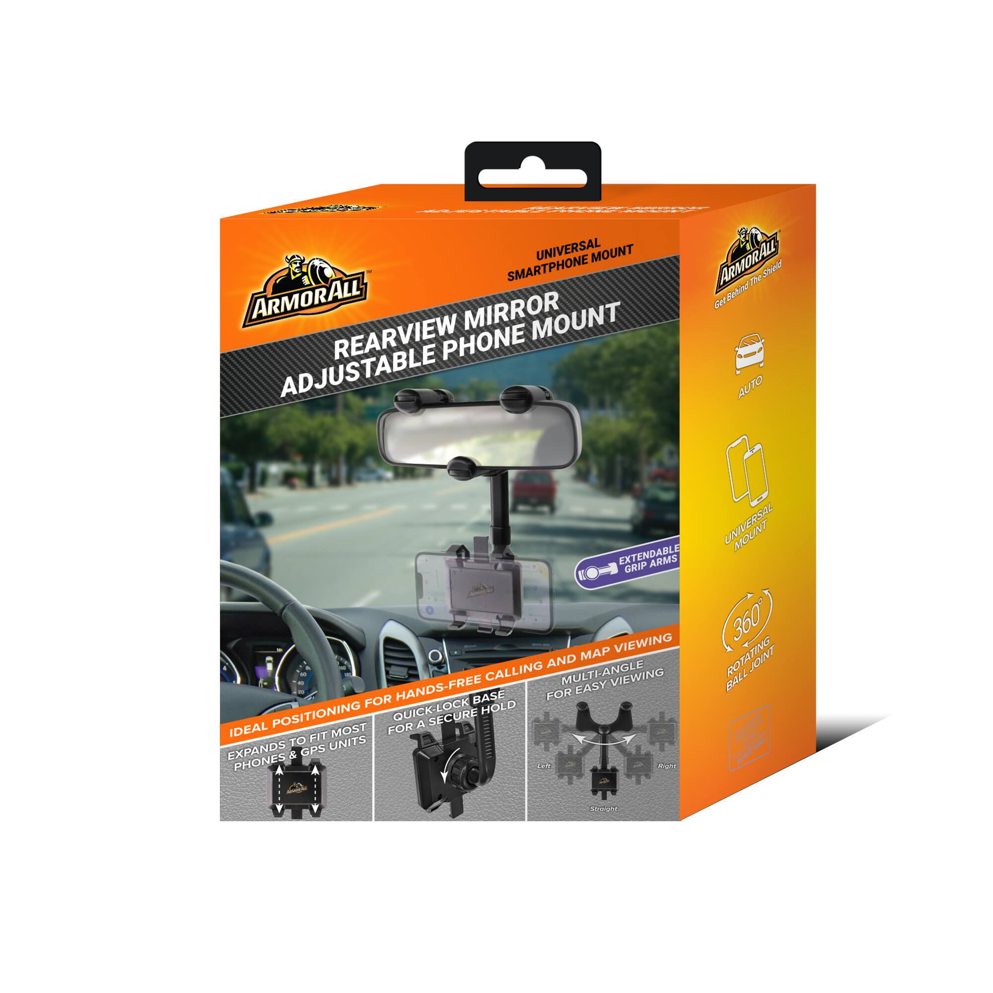 UNIVERSAL MOUNT SMARTPHONE ARMORALL ALL MIRROR MOUNT REARVIEW PHONE ADJUSTABLE ARMORALL th Shield Fehed GN AUTO EXTENDABLE ARMS GRIP MAP VIEWING AND ANGLE CALLING MULTI ANGLE MULTI VIEWING HANDS-FREE FOR EASY FOR BASE POSITIONING QUICK-LOCK HOLD FOR A SECURE IDEAL FIT MOST 10 UNITS EXPANDS & GPS PHONES: Pate - MOUNT 360 ROTATING JOINT BALL