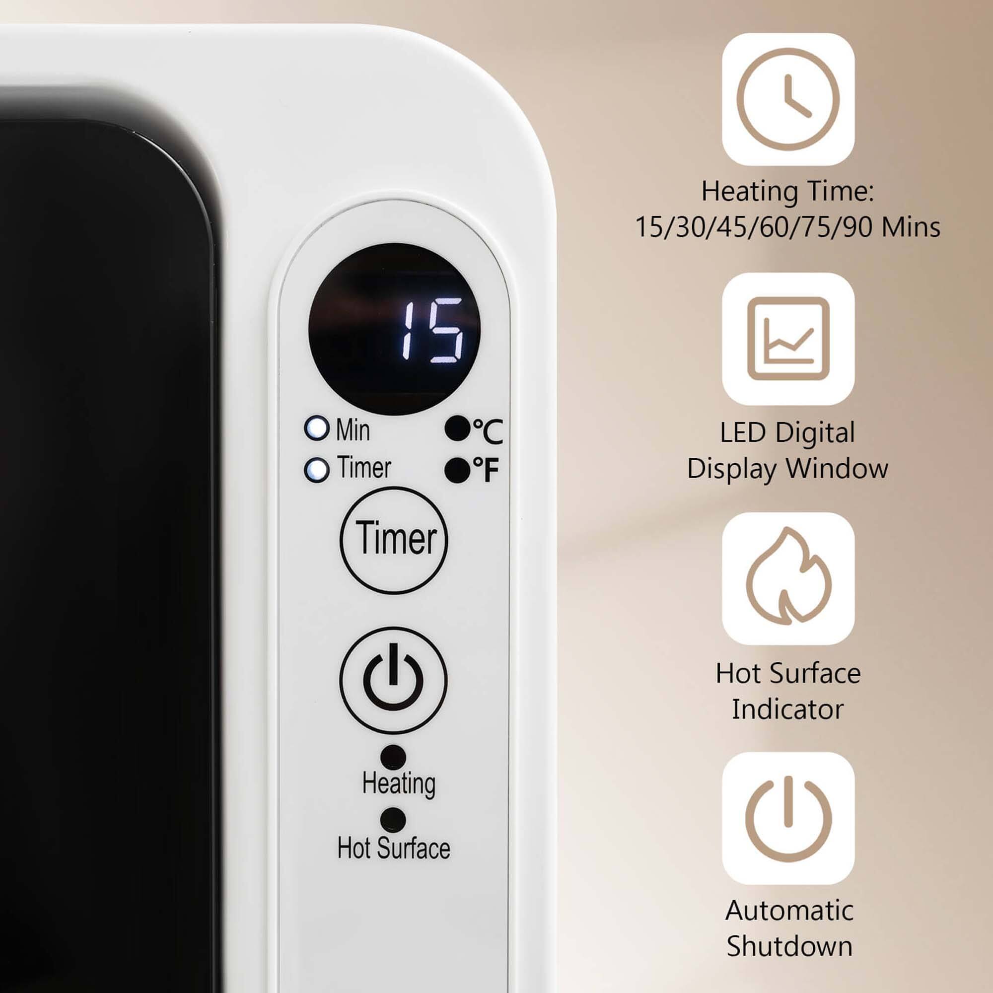 - Heating Time: 15/30/45/60/75/90 Mins
- 15 Min Timer
- LED Digital Display Window
- Hot Surface Indicator
- Heating
- Hot Surface
- Automatic Shutdown