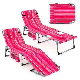 Costway - 2 PCS Outdoor Folding Chaise 5-Position Lounge Chair with Adjustable Footrest - Pink