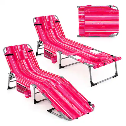 Front. Costway - Costway 2 PCS Outdoor Folding Chaise 5-Position Lounge Chair with Adjustable Footrest - Pink.