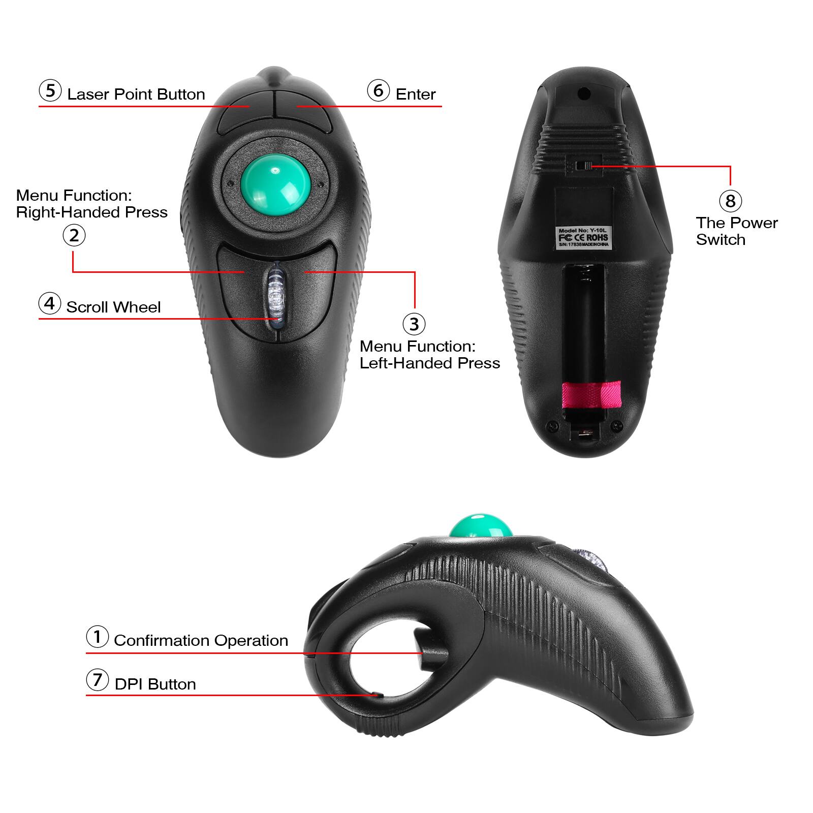 1. Confirmation Operation  
2. Menu Function: Right-Handed Press  
3. Menu Function: Left-Handed Press  
4. Scroll Wheel  
5. Laser Point Button  
6. Enter  
7. DPI Button  
8. The Power Switch