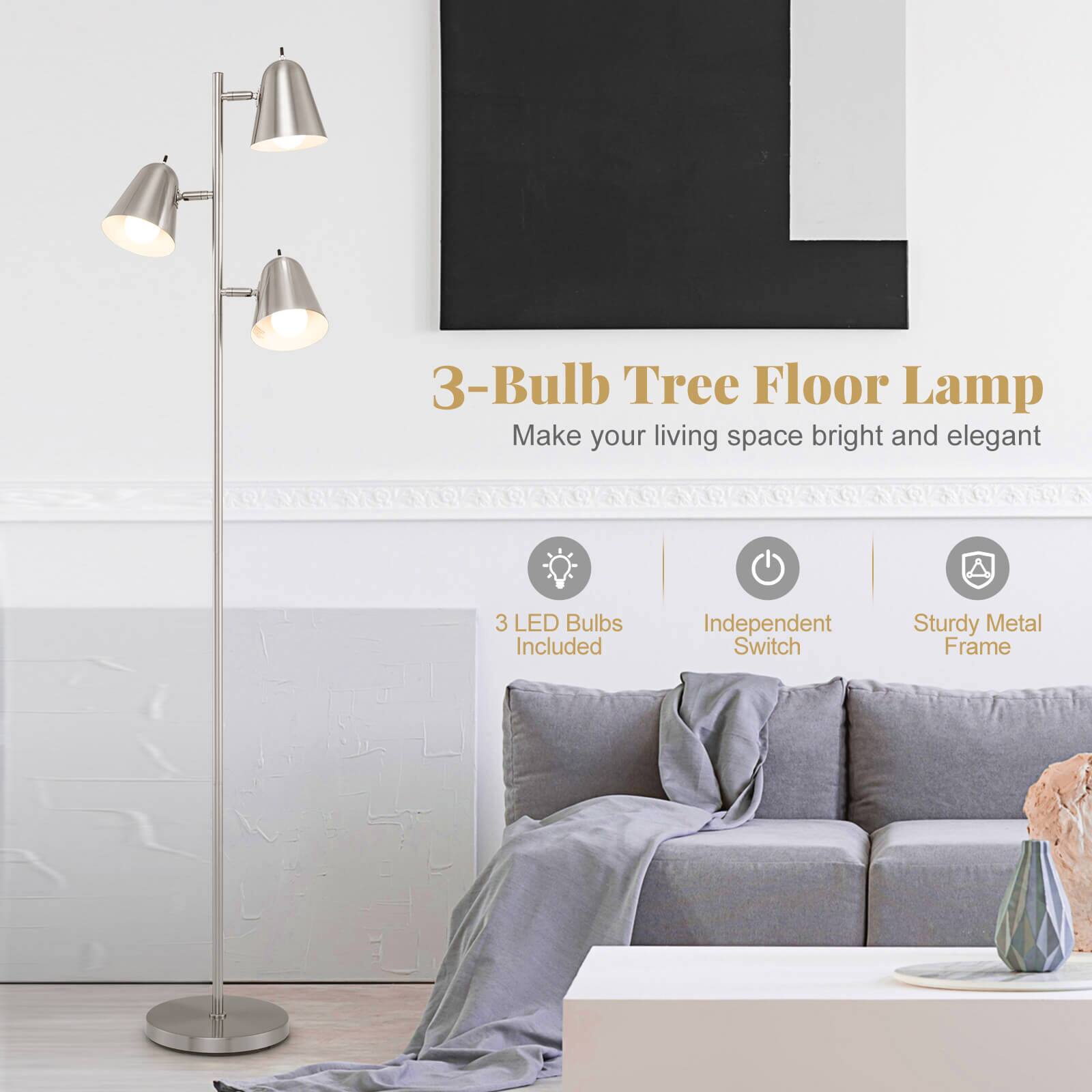 3-Bulb Tree Floor Lamp  
Make your living space bright and elegant  

3 LED Bulbs Included  
Independent Switch  
Sturdy Metal Frame