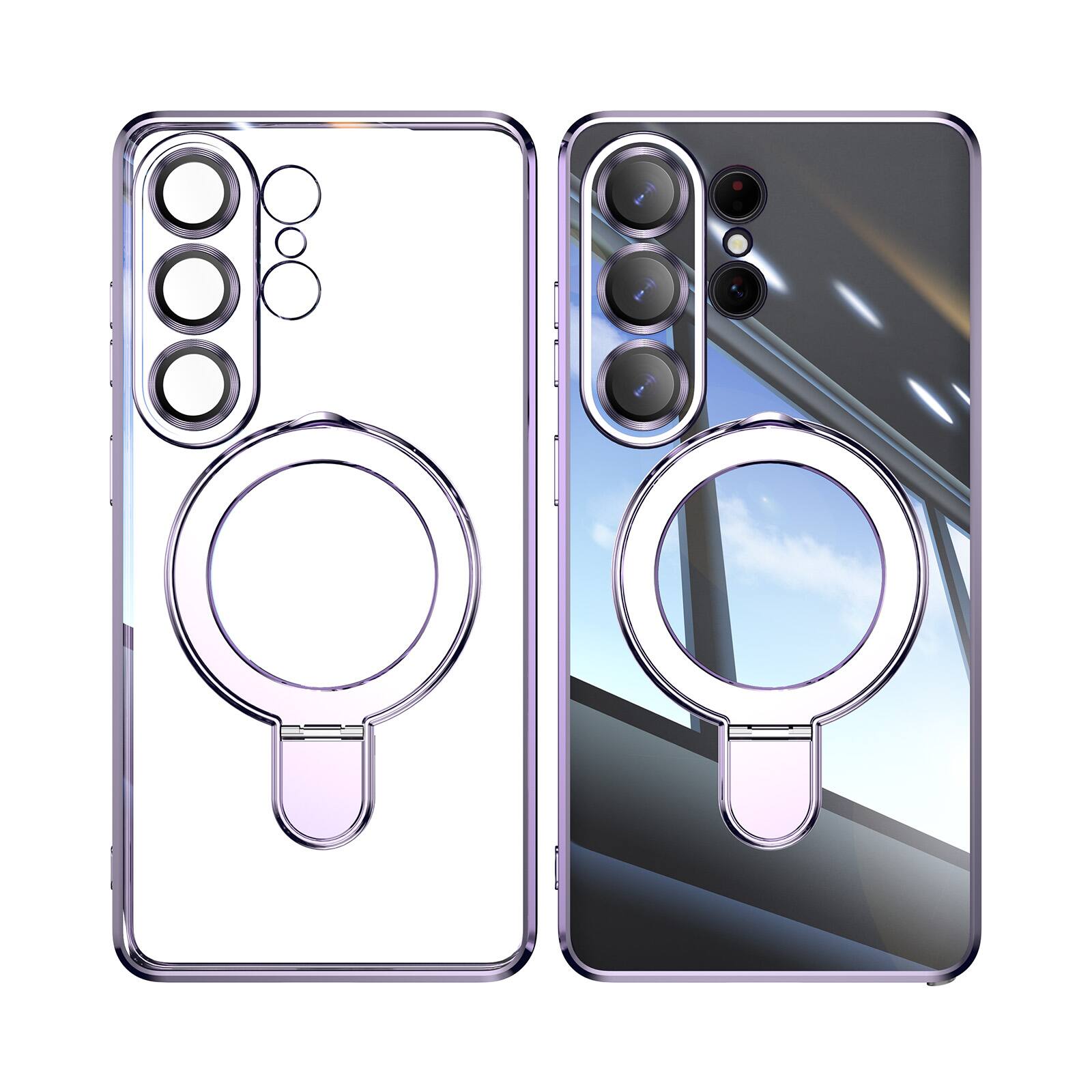 Angle. Dteck - Clear Mag Safe Case for Samsung Galaxy S26 Ultra,Transparent Back Plated Bumper Shockproof Metal Stand Cover + Lens Film - Lavender.