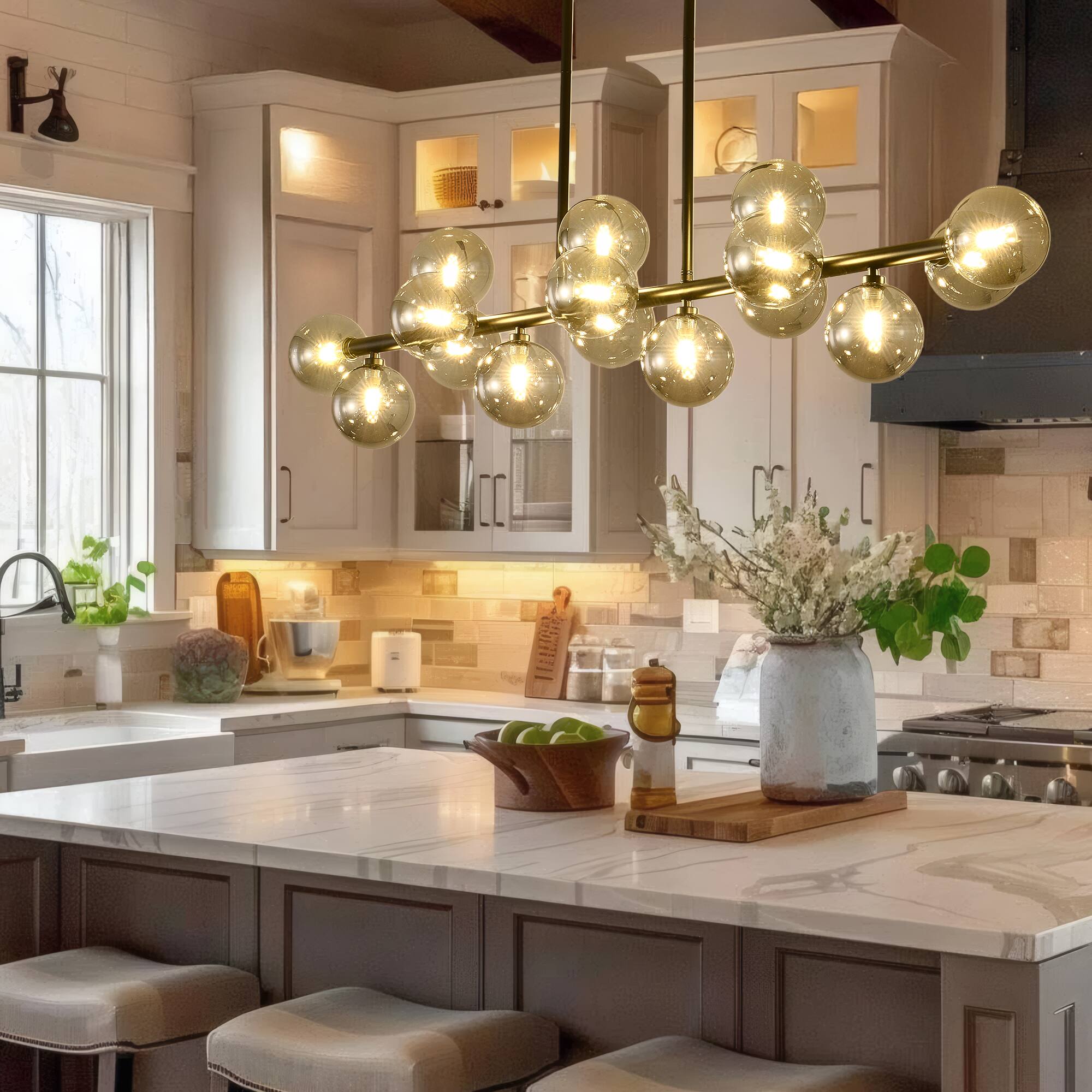 Left. RYHNUYNE - 55 Inch Industrial Sputnik Chandelier 16-Light Linear Pendant Smoky Gray Glass Globes Adjustable for Kitchen Island.