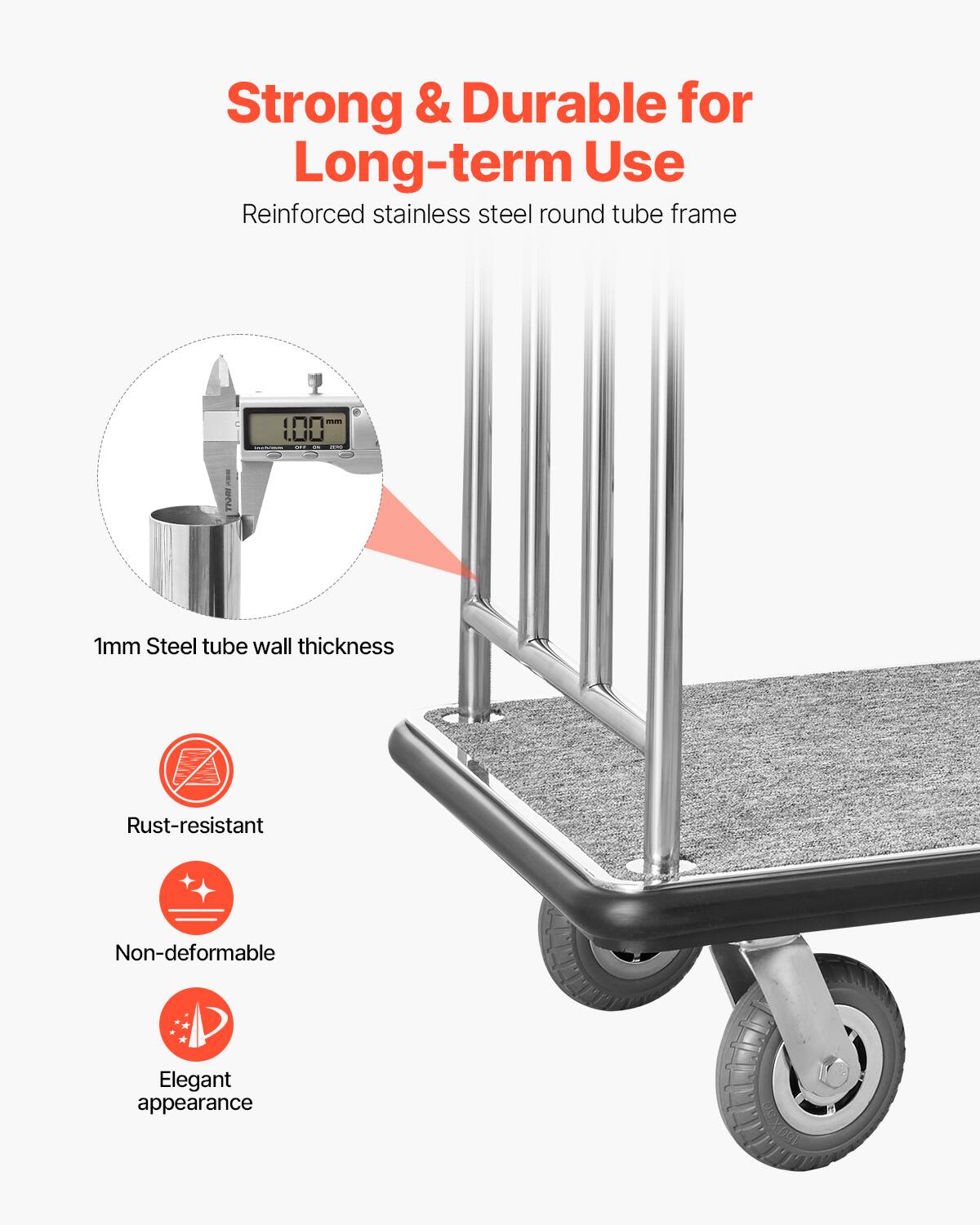 Strong & Durable for Long-term Use

Reinforced stainless steel round tube frame

1mm Steel tube wall thickness

Rust-resistant

Non-deformable

Elegant appearance