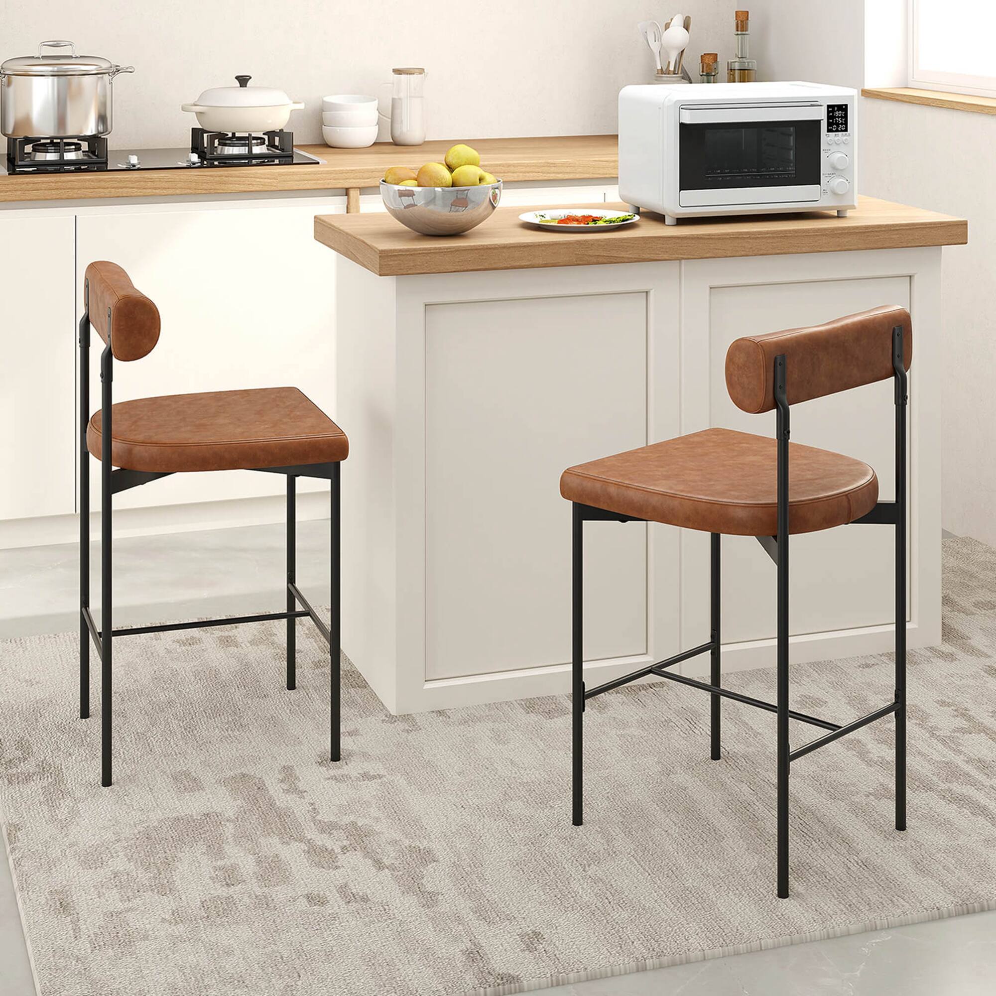 Alt View 1. Costway - 26" Upholstered Bar Stools Set of 2 with Padded Cushion & Backrest Footrest - Brown.