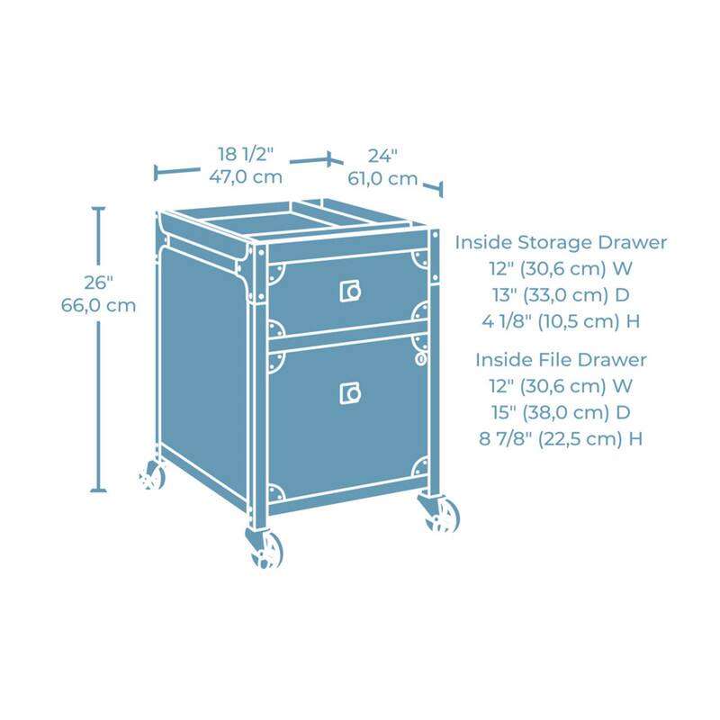 18 1/2" 47,0 cm  
24" 61,0 cm  
26" 66,0 cm  

Inside Storage Drawer  
12" (30,6 cm) W  
13" (33,0 cm) D  
4 1/8" (10,5 cm) H  

Inside File Drawer  
12" (30,6 cm) W  
15" (38,0 cm) D  
8 7/8" (22,5 cm) H