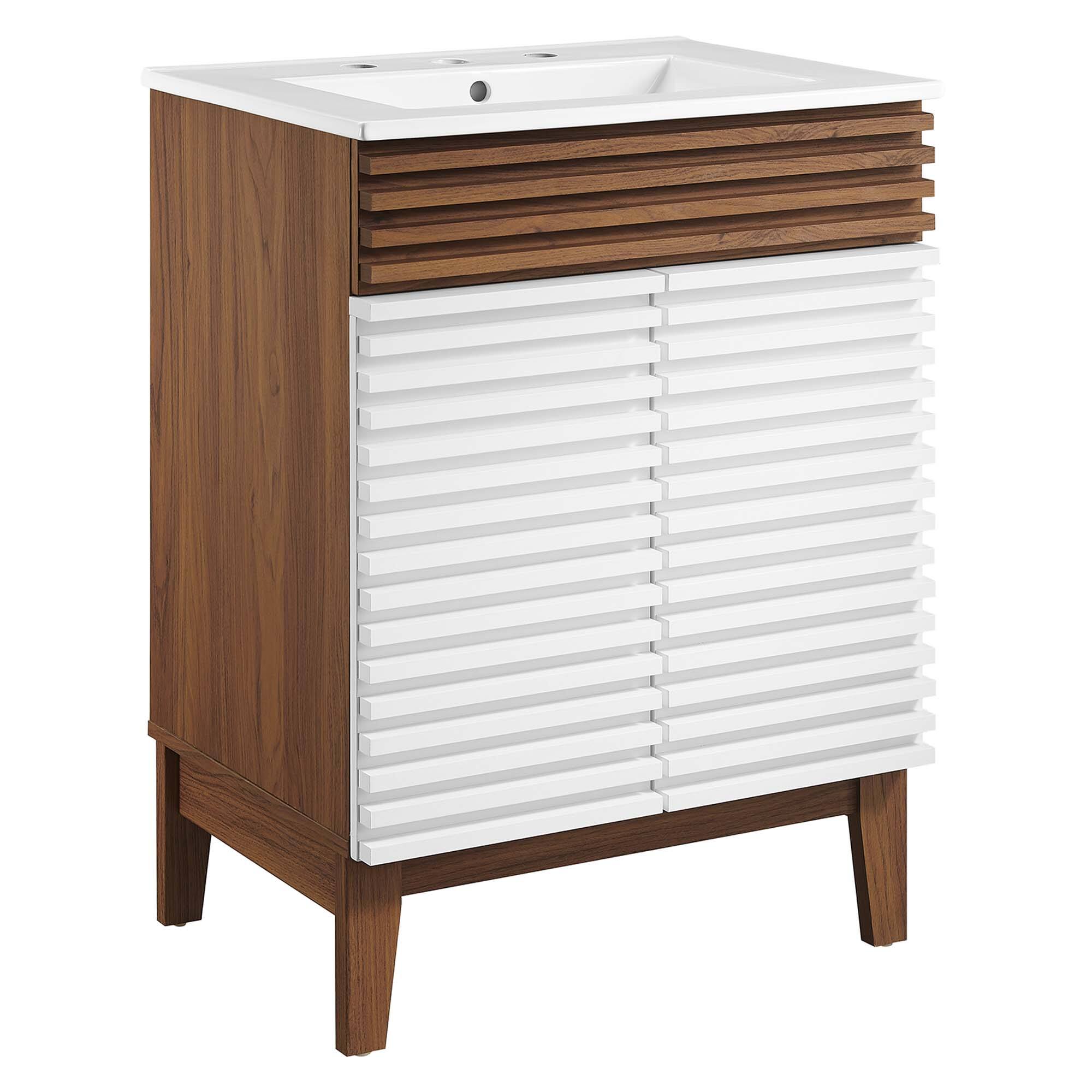 Angle. Modway - Render 18" and 24" Bathroom Vanities with White Basin Included - White Walnut White.