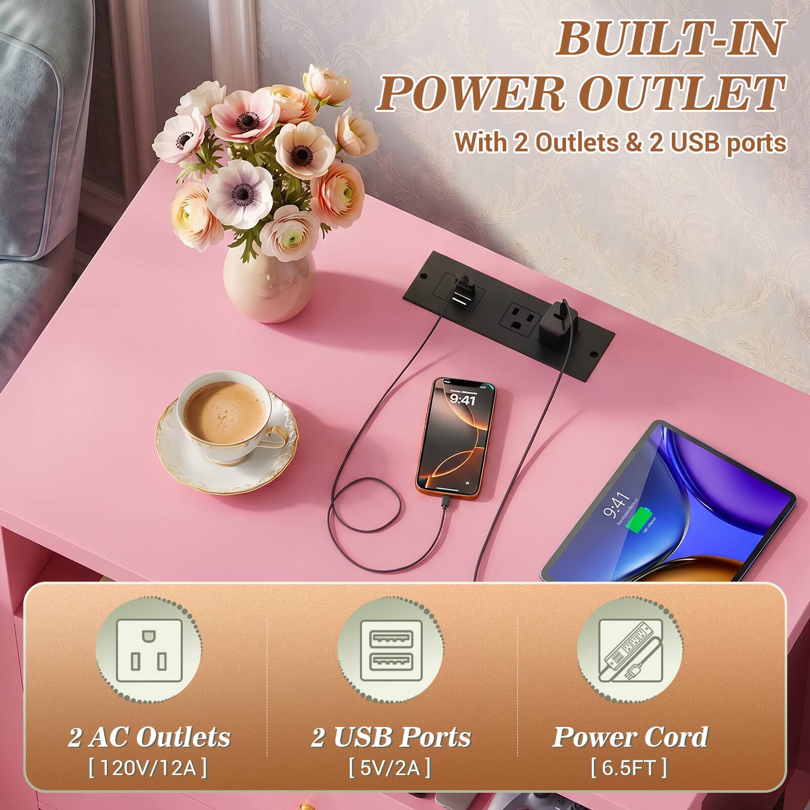 BUILT-IN POWER OUTLET  
With 2 Outlets & 2 USB ports  

2 AC Outlets [120V/12A]  
2 USB Ports [5V/2A]  
Power Cord [6.5FT]