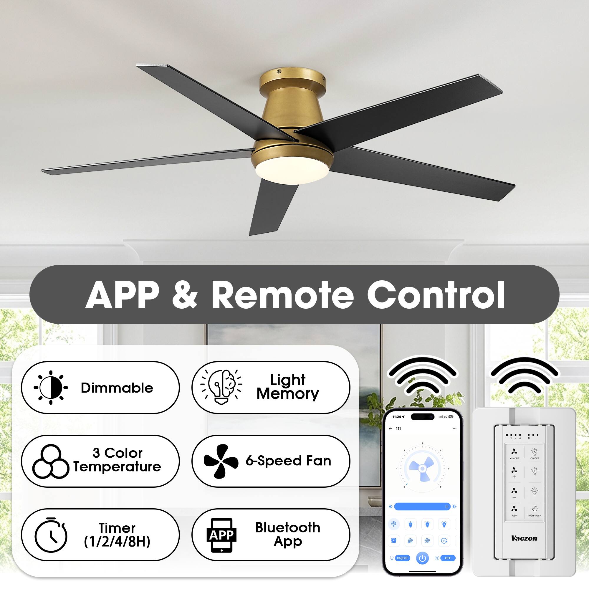 APP & Remote Control

- Dimmable
- Light Memory
- 3 Color Temperature
- 6-Speed Fan
- Timer (1/2/4/8H)
- Bluetooth APP App
- ON/OFF