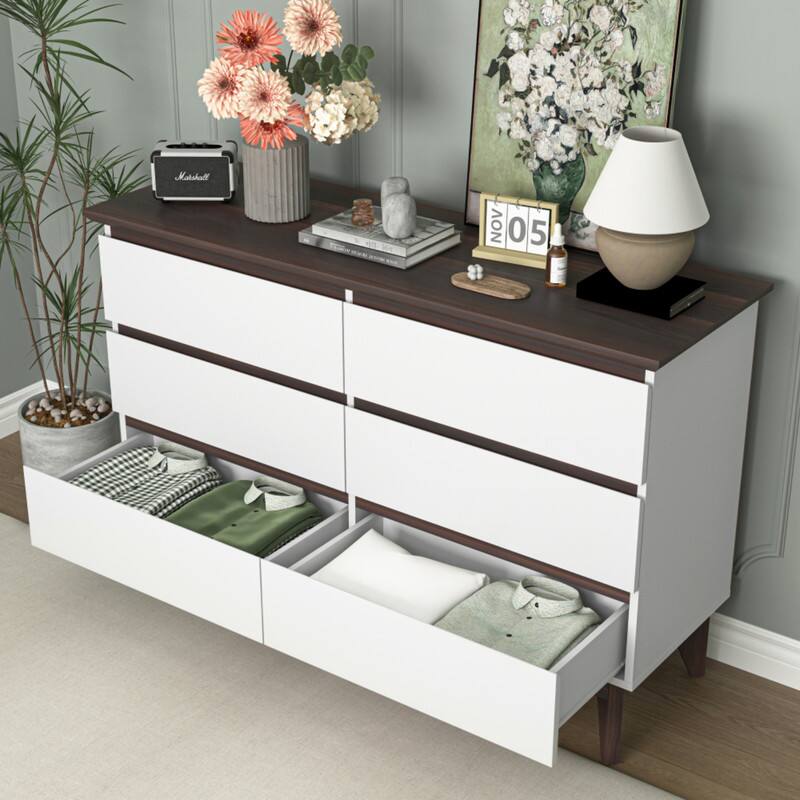 Left. ALEXOUN - 6-Drawer Chest of Drawers, Simple & Easy to Use, Spacious Storage Cabinet for Bedroom, Living Room, Office, Apartment - White.