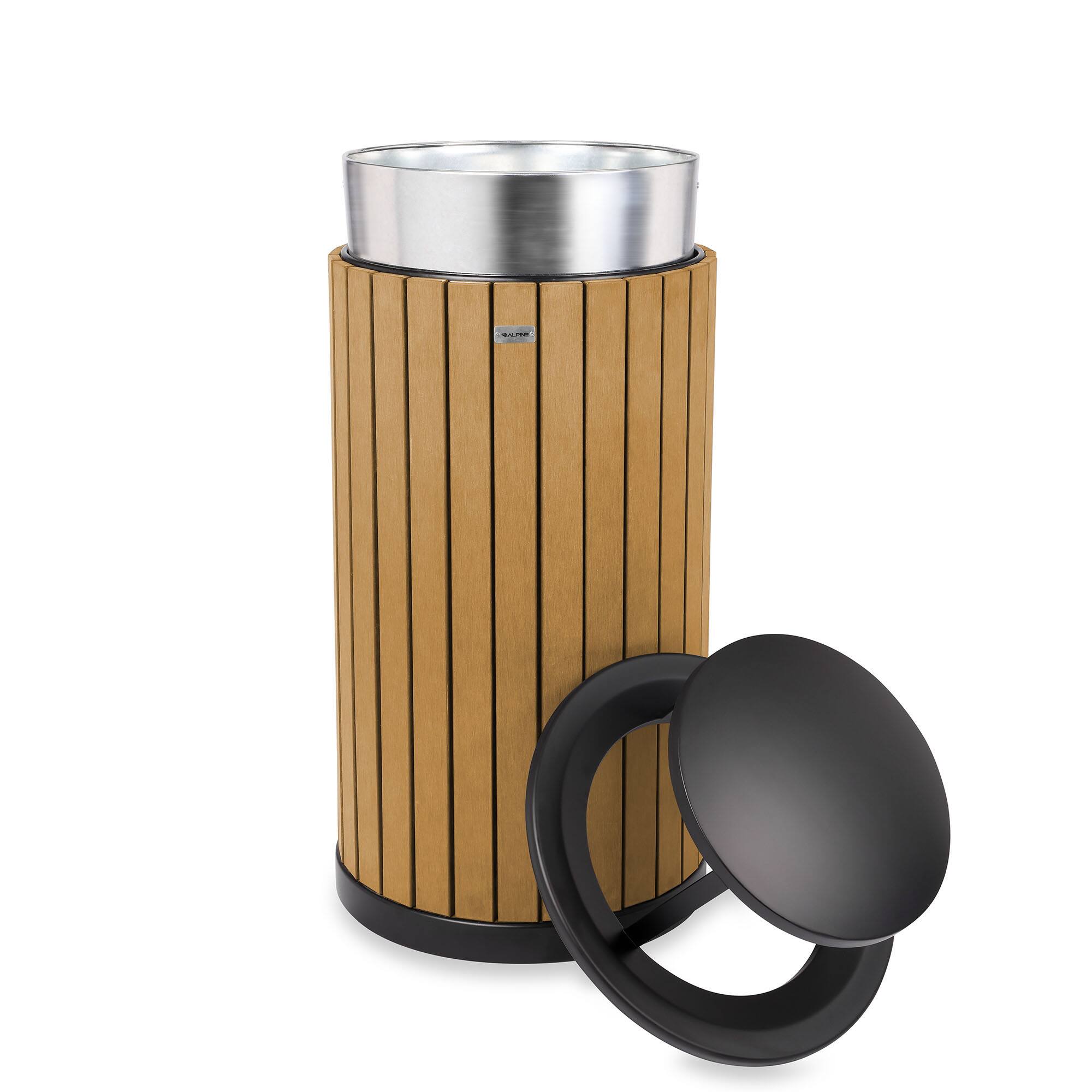 Left. Alpine Industries - 32 Gallon Outdoor Trash Can with Slatted Panels and Rain Bonnet Lid - Cedar.