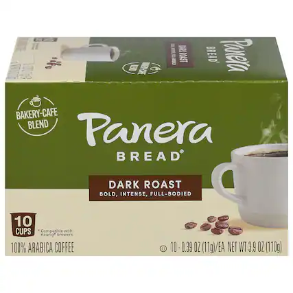 Panera Bread
BAKERY-CAFE BLEND
DARK ROAST
BOLD, INTENSE, FULL-BODIED
10 CUPS
Compatible with Keurig® brewers
100% ARABICA COFFEE
10 - 0.39 OZ (11g)/EA
NET WT 3.9 OZ (110g)