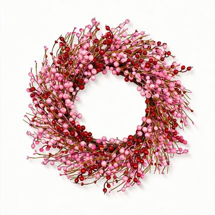 Front. Frangdom - Valentines Wreath Artificial Pink Red Berries Door Decor - 22" wreath, pink & red berries.