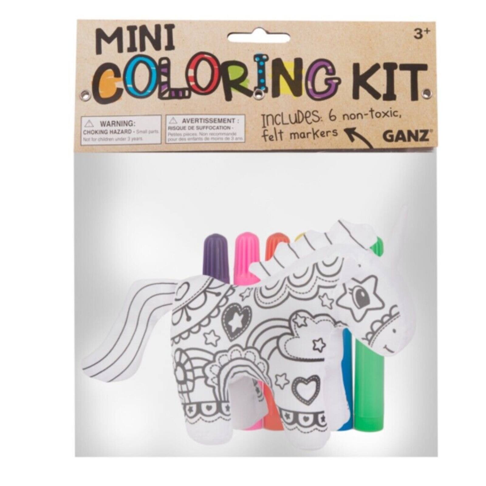 MINI COLORING KIT  
3+  
Includes: 6 non-toxic, felt markers  
Ganz  

Warning: Choking Hazard - Small parts. Not for children under 3 years.  
Avertissement: Risque de suffocation - Petits pièces. Non recommandé pour les enfants de moins de 3 ans.