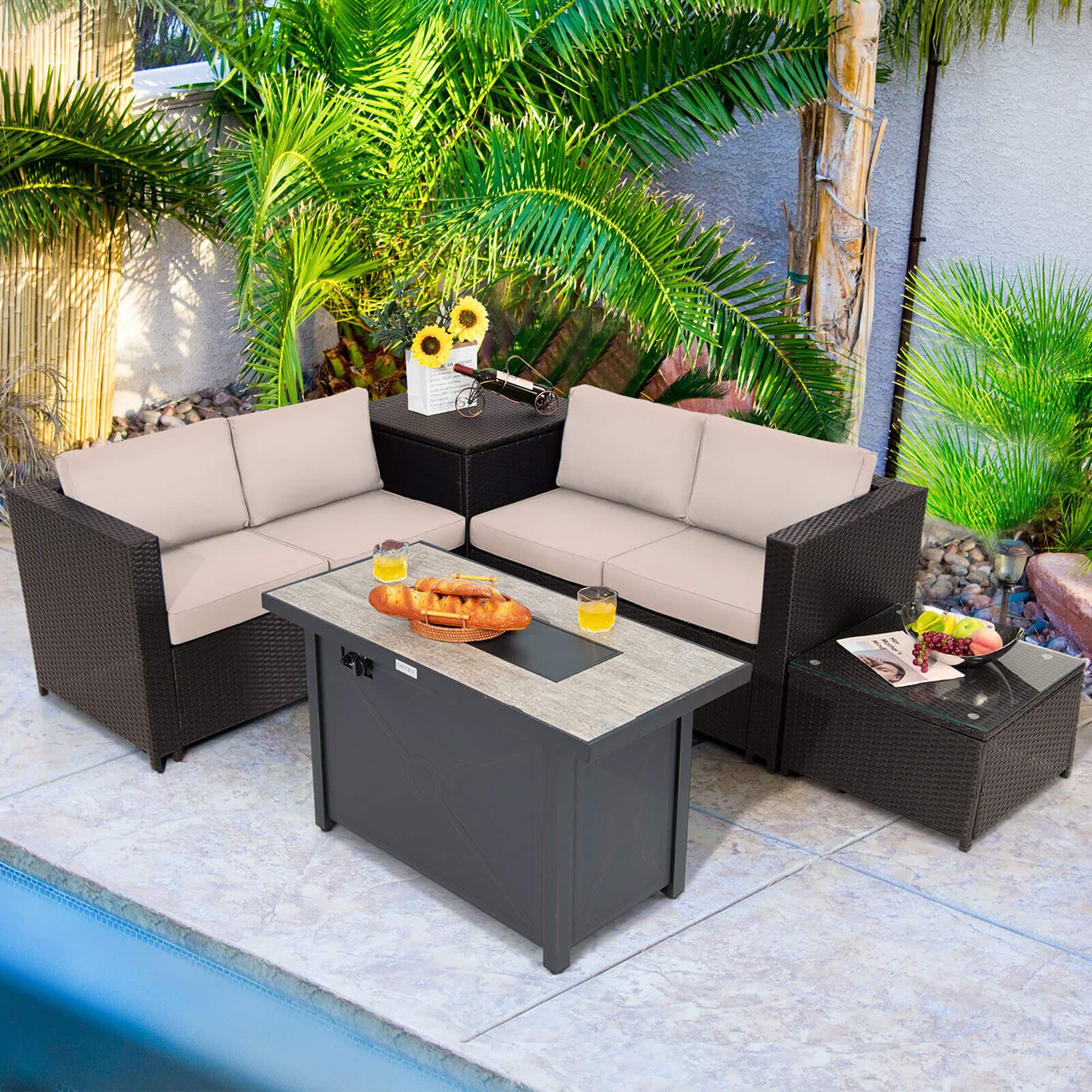 Gymax - 5PCS Patio Rattan Furniture Set Fire Pit Table w/ Cover Storage Cushion - Beige