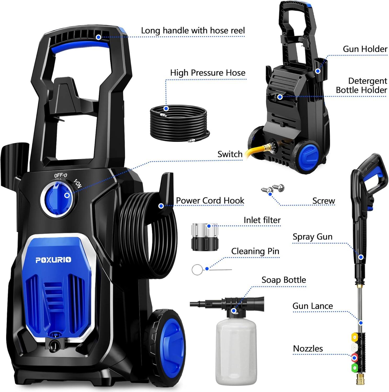 - Long handle with hose reel
- High Pressure Hose
- Gun Holder
- Detergent Bottle Holder
- Switch OFF/OFF
- Power Cord Hook
- Screw
- Inlet filter
- Cleaning Pin
- Spray Gun
- Soap Bottle
- Gun Lance
- Nozzles