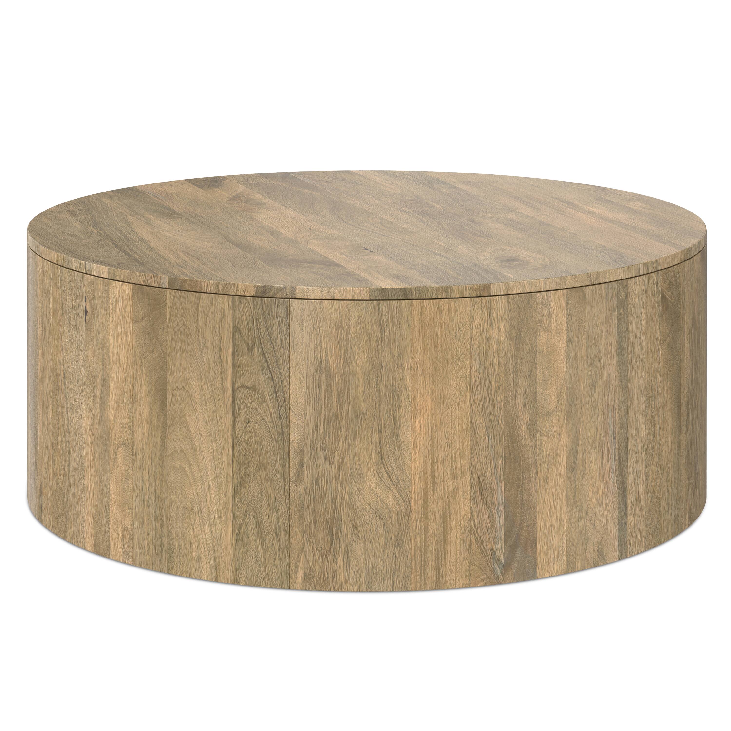 Alt View 4. Simpli Home - Millbury SOLID MANGO WOOD 36 inch Wide Round Contemporary Drum Coffee Table in Briarsmoke, Fully Assembled - Briarsmoke.